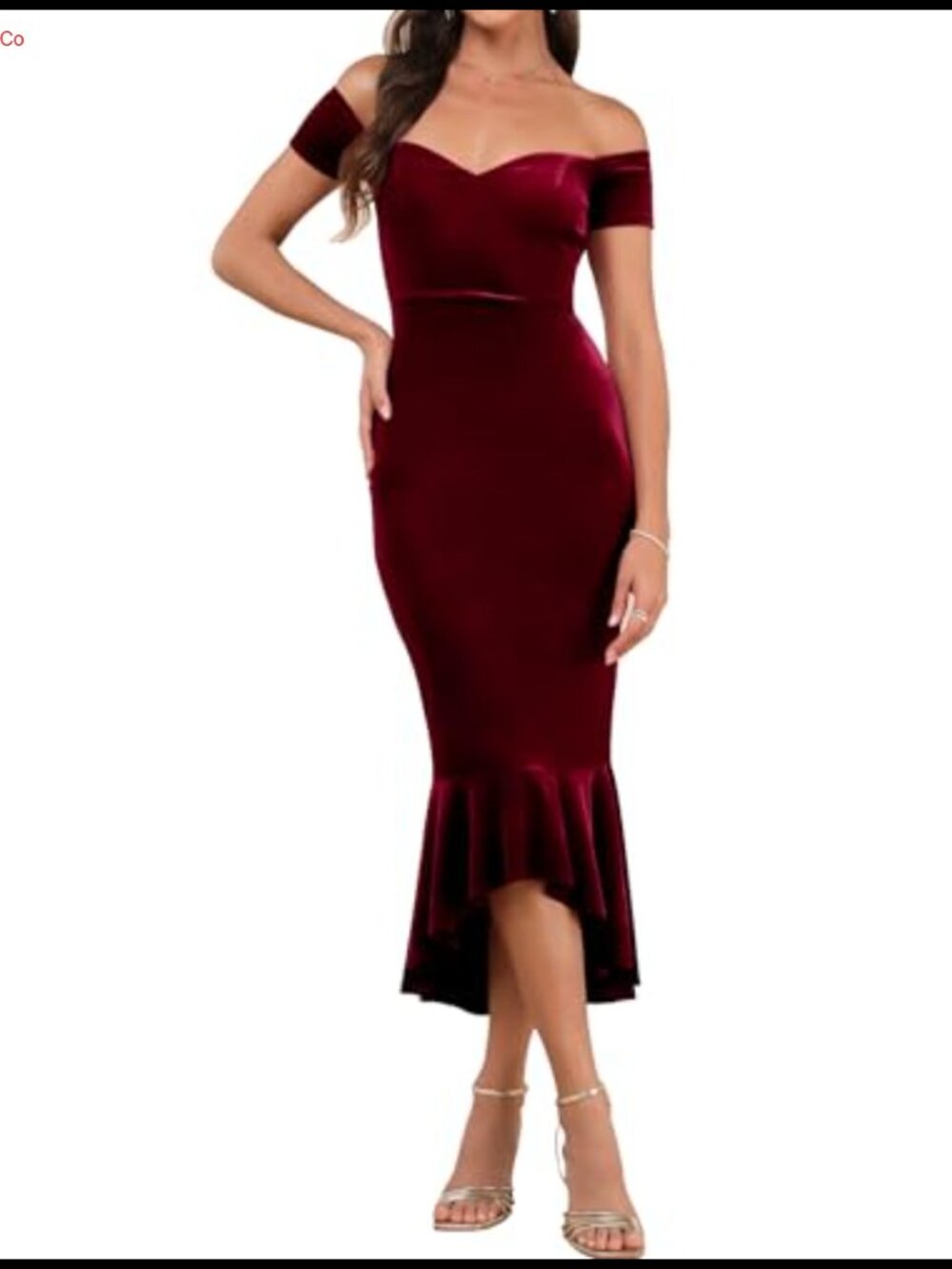 Velvet Off Shoulder V-Neck Mermaid Midi Dress Ruffle Hem Formal Cocktail
